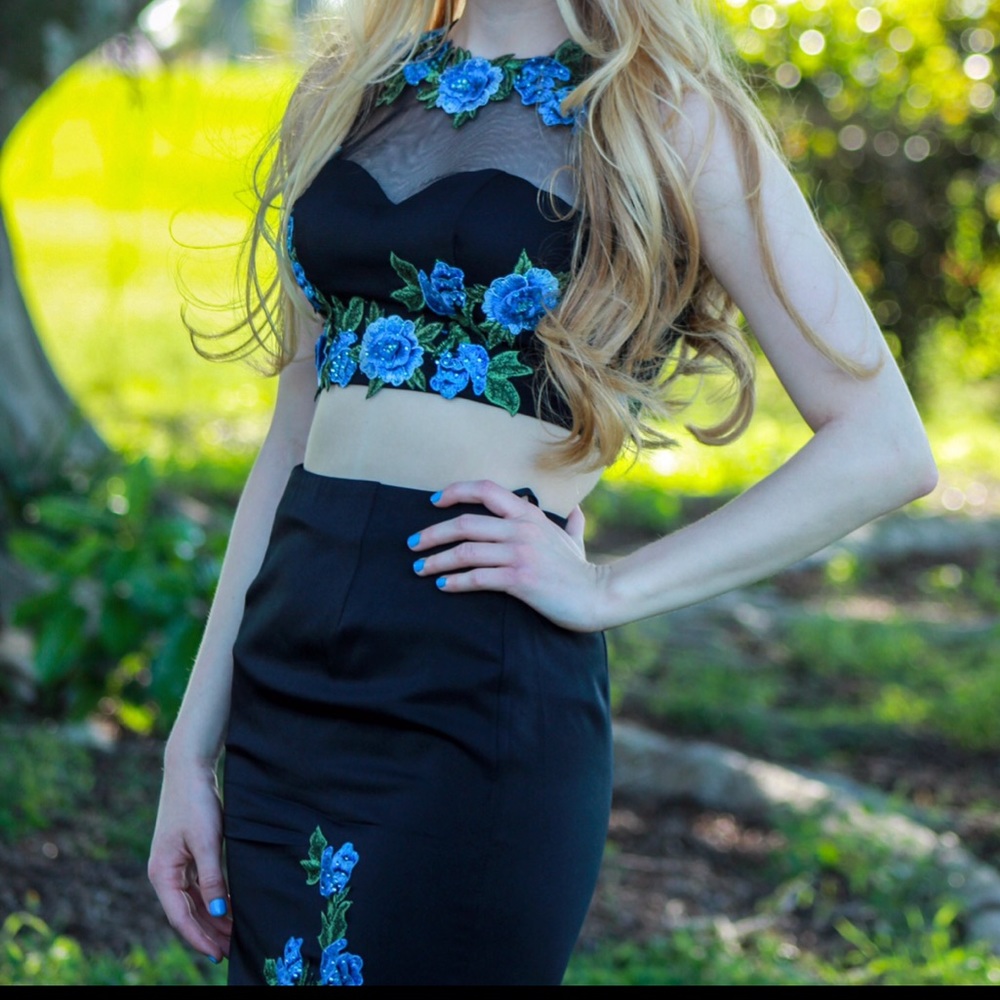 LAST CHANCE Two Piece Black and Blue Floral Dress
